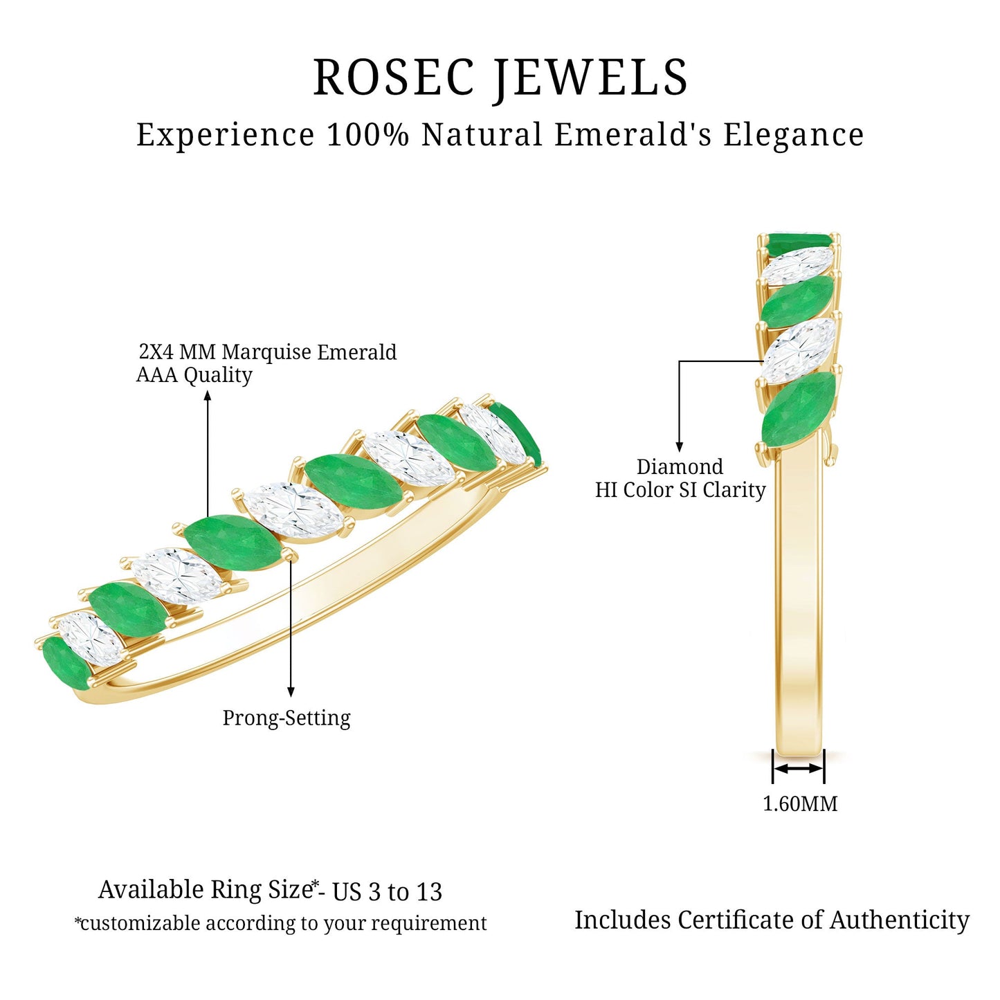 Genuine Marquise Emerald Diamond Half Eternity Ring for Wedding
