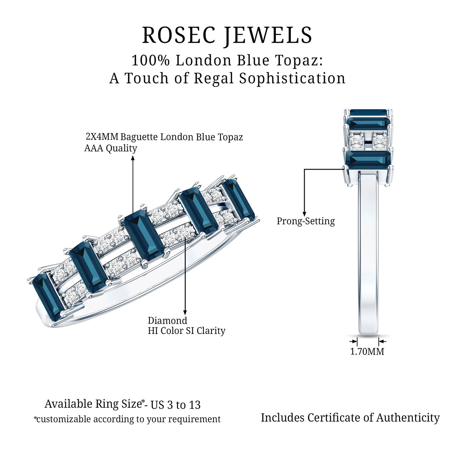 Baguette London Blue Topaz Half Eternity Band with Diamond