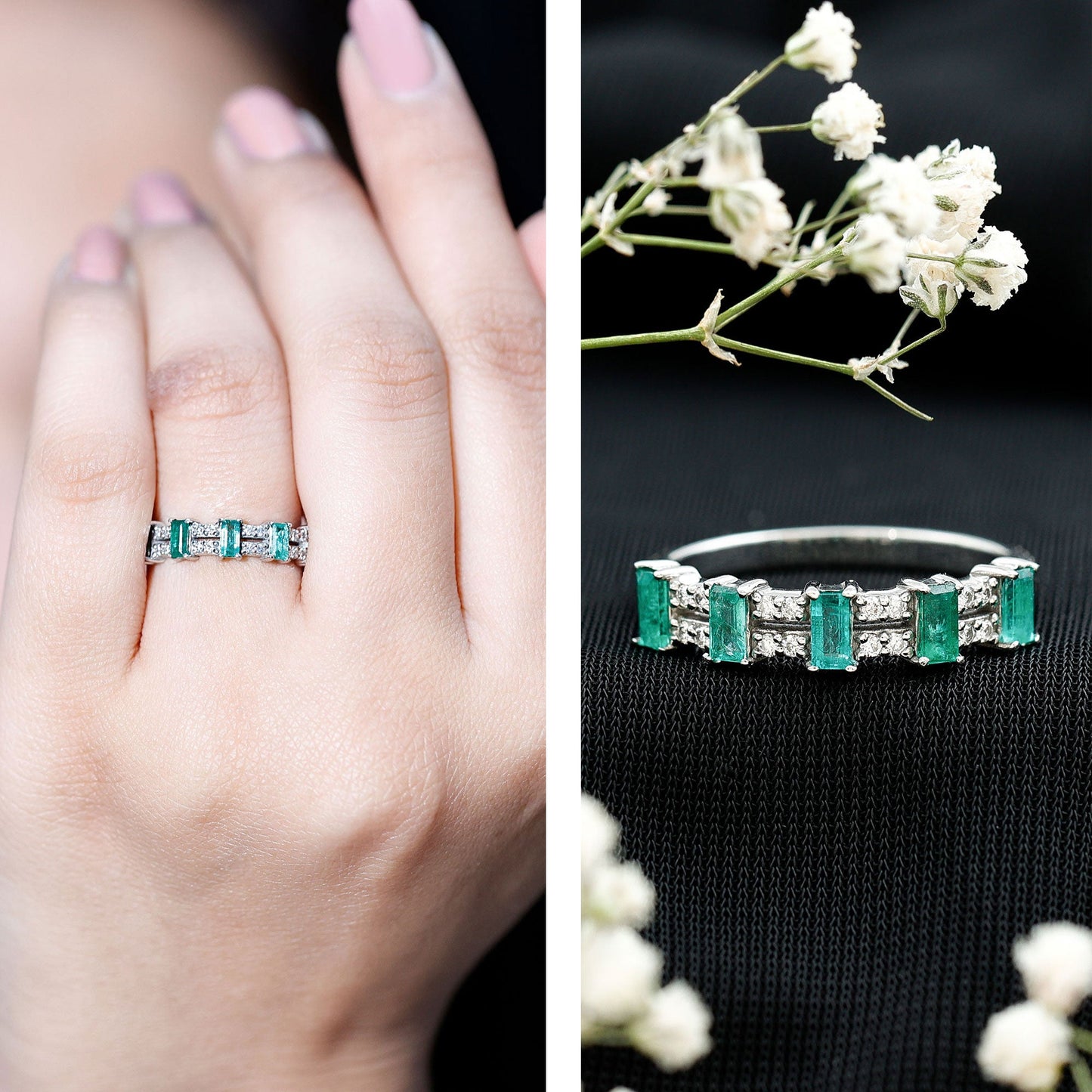 Baguette Cut Emerald and Diamond Half Eternity Band