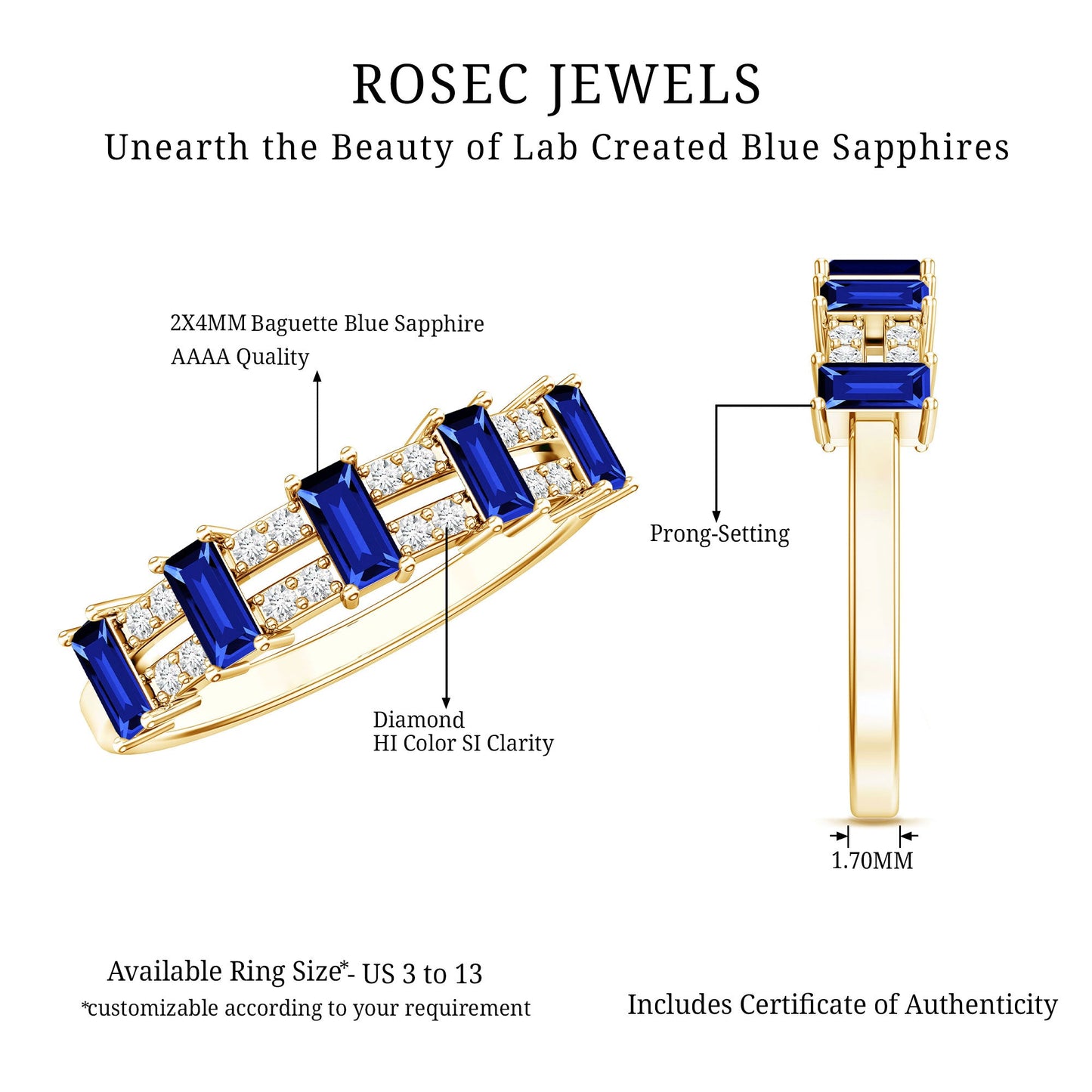 Certified Baguette Lab Grown Blue Sapphire Half Eternity Band Ring with Diamond
