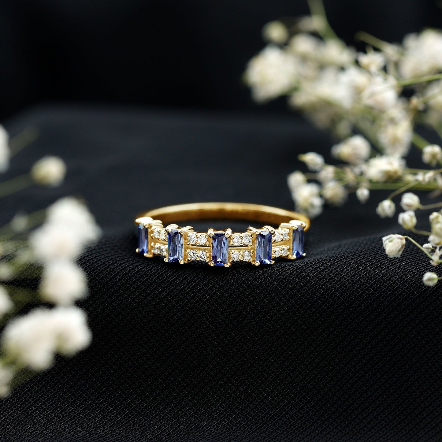 Certified Baguette Lab Grown Blue Sapphire Half Eternity Band Ring with Diamond