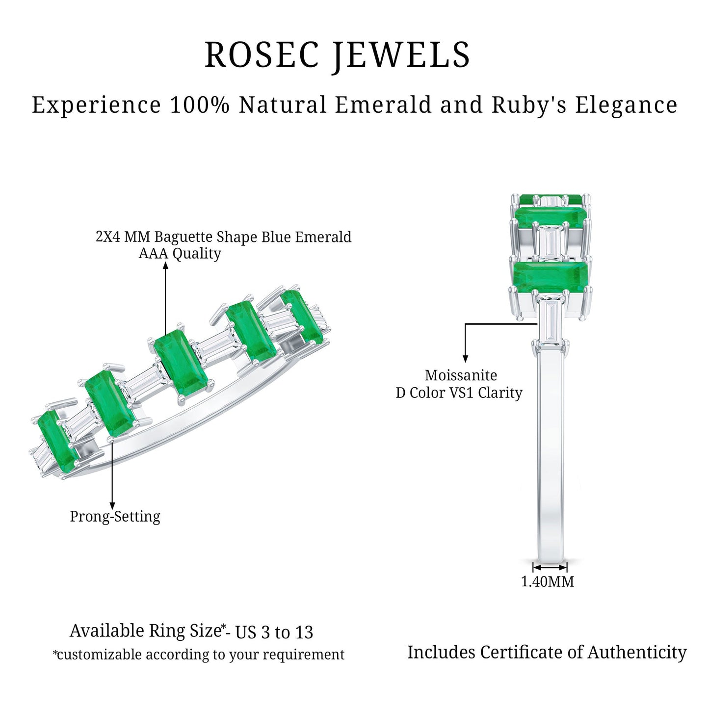 Genuine Baguette Emerald Half Eternity Ring with Moissanite