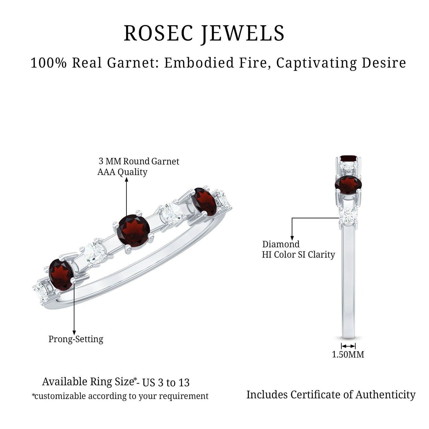 Natural Garnet Diamond Half Eternity Ring