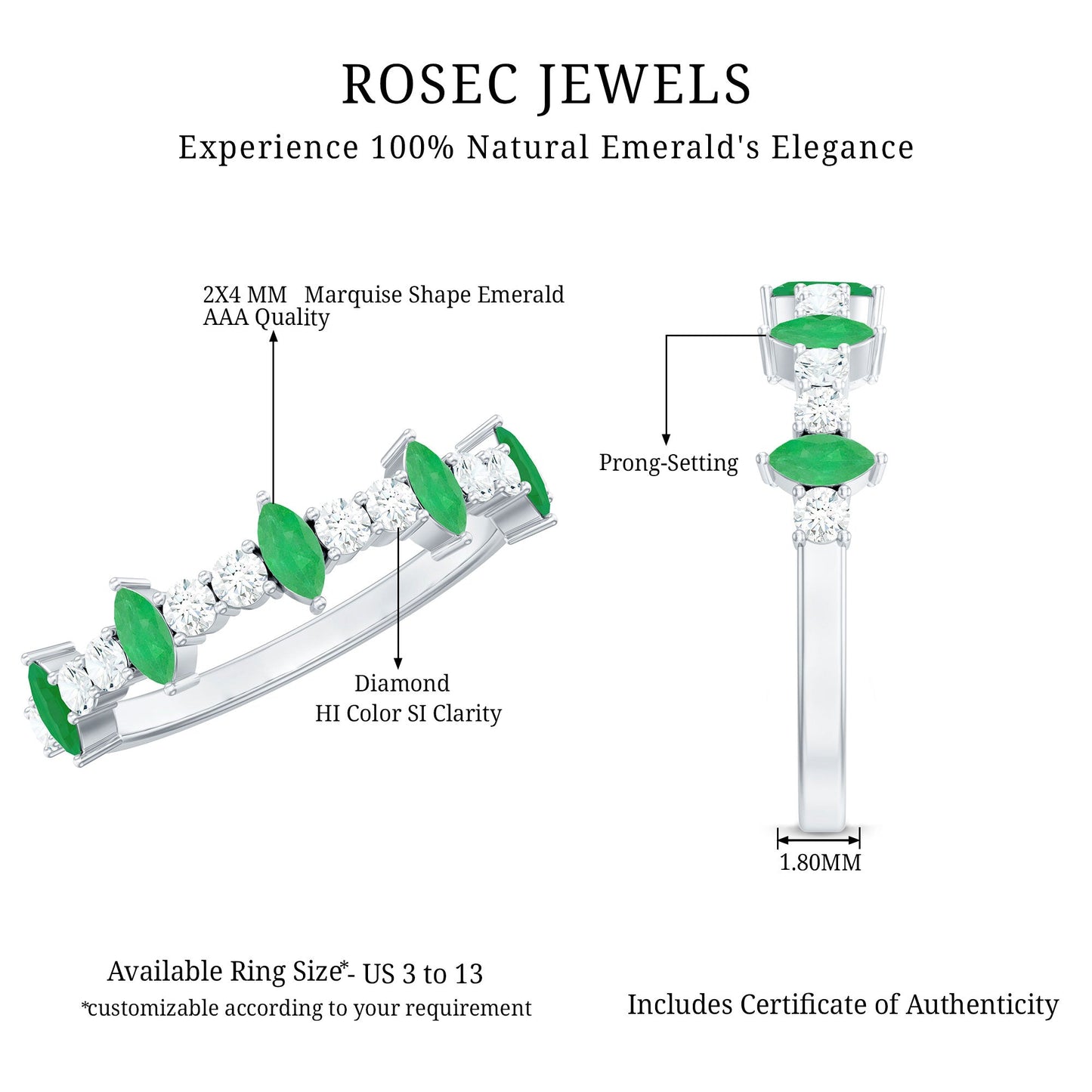 Natural Marquise Emerald Diamond Half Eternity Anniversary Ring with Certificate