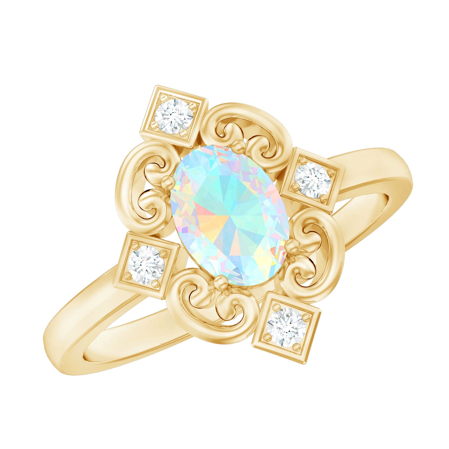 Oval Cut Certified Ethiopian Opal Vintage Inspired Engagement Ring with Diamond