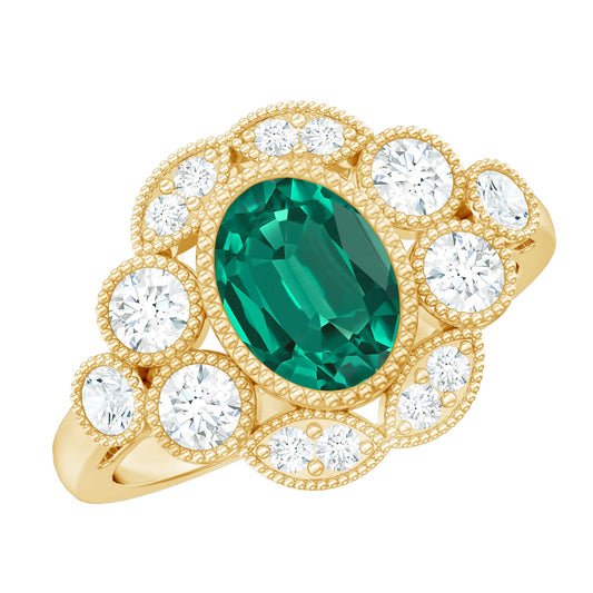 Certified Oval Lab Grown Emerald Antique Looking Engagement Ring