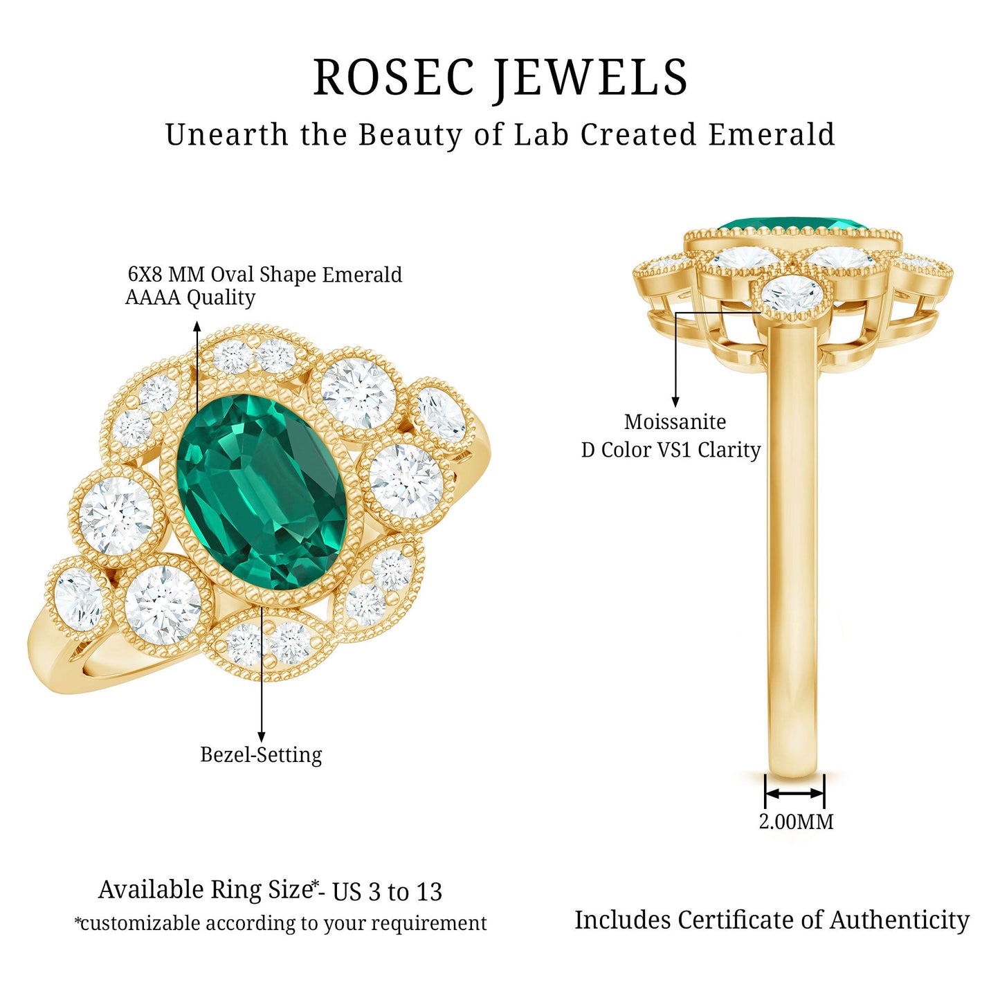 Certified Oval Lab Grown Emerald Antique Looking Engagement Ring