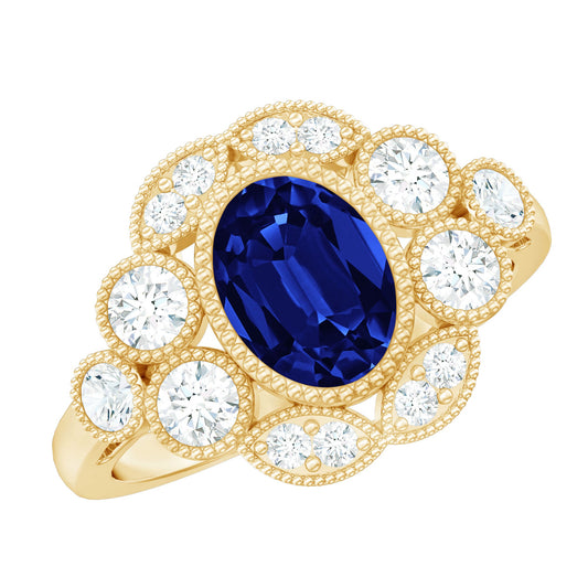 Vintage Looking 1.5 Carat Lab Grown Blue Sapphire Engagement Ring with Diamond