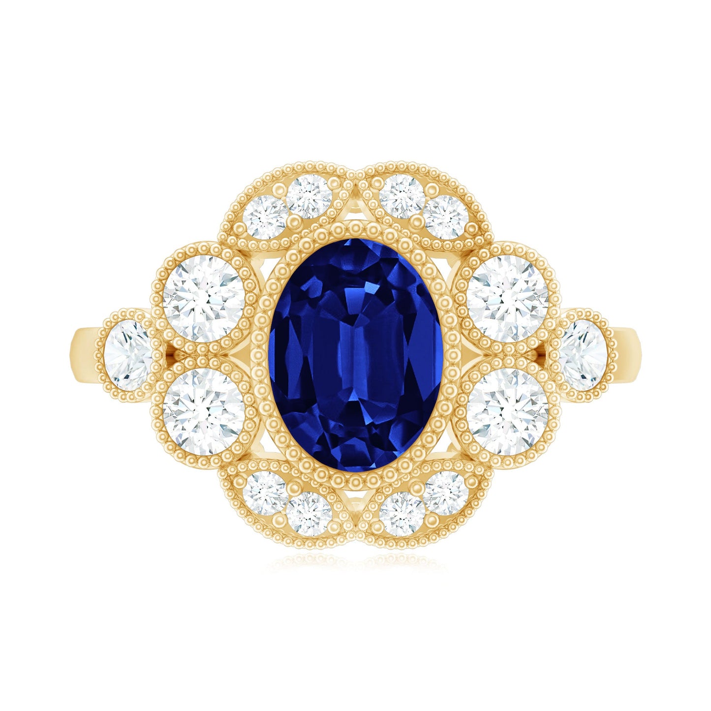 Vintage Looking 1.5 Carat Lab Grown Blue Sapphire Engagement Ring with Diamond