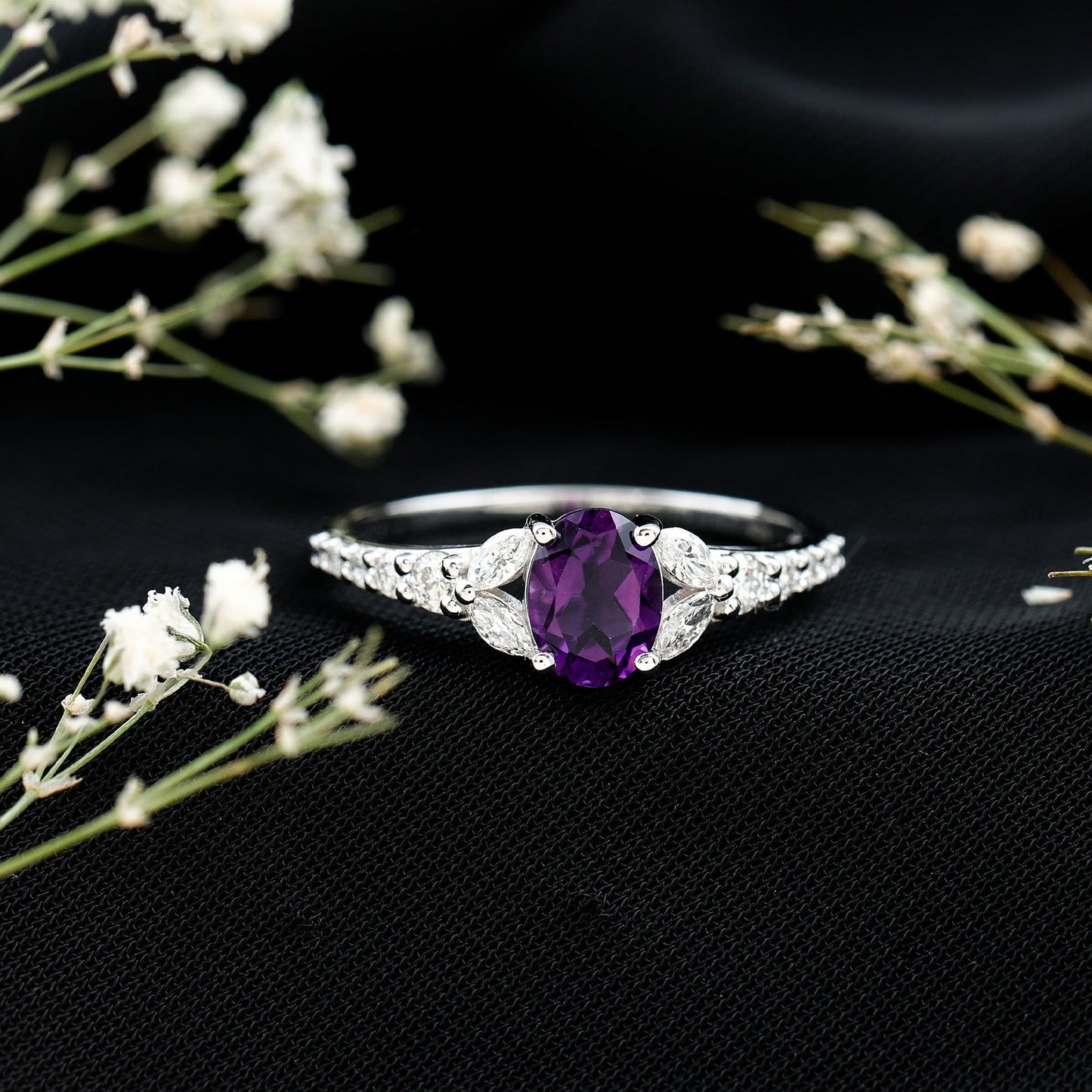 Natural 1 Carat Amethyst Oval Engagement Ring with Diamond