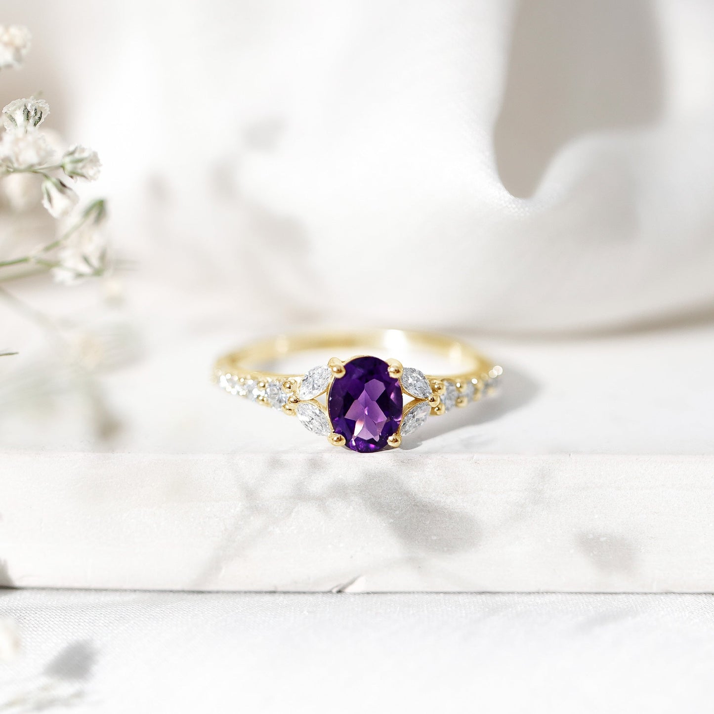 Natural 1 Carat Amethyst Oval Engagement Ring with Diamond