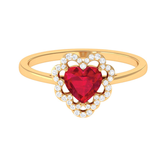0.9 Carat Lab Created Ruby Heart Engagement Ring with Diamond Accent