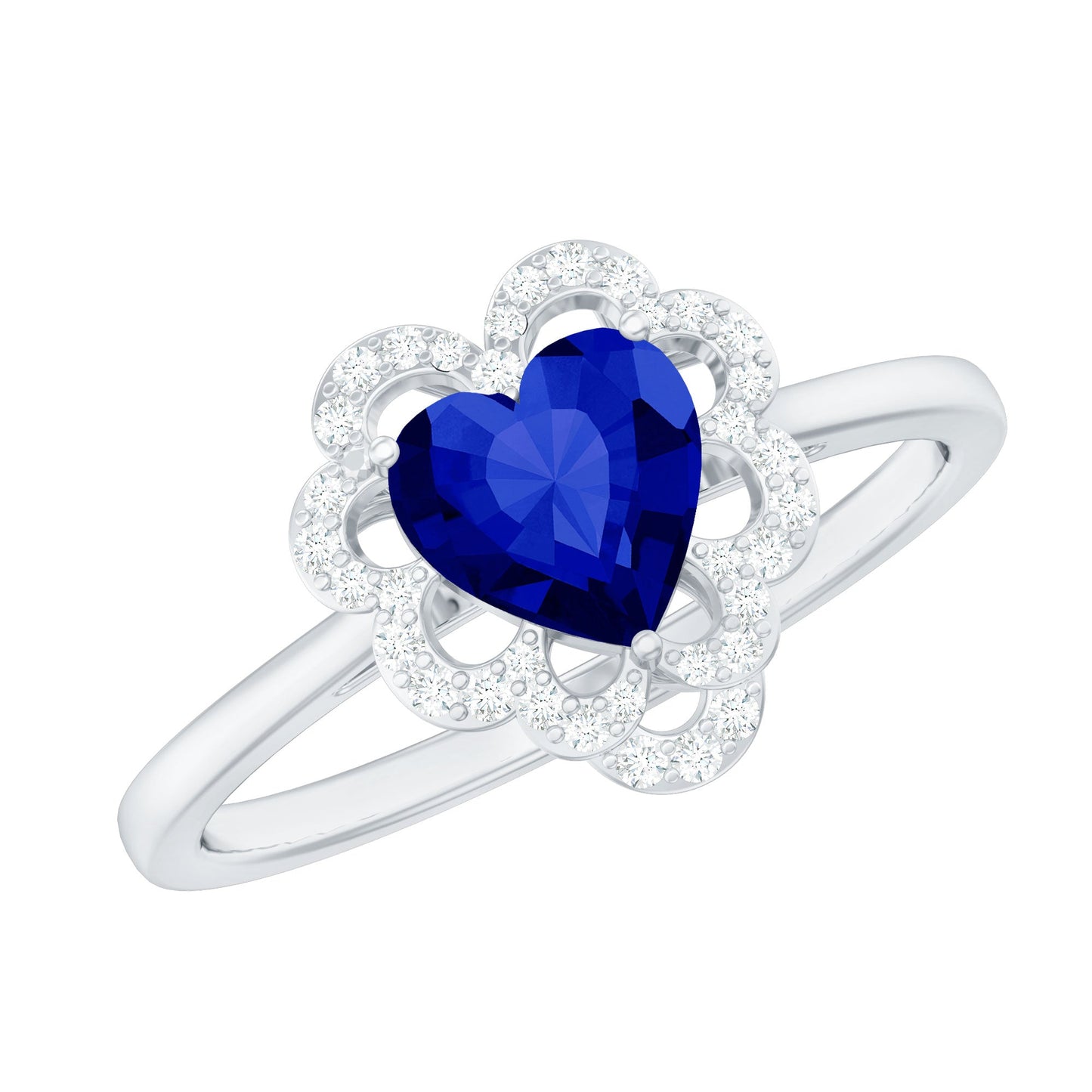 0.9 Carat Heart Lab Grown Blue Sapphire Designer Engagement Ring with Diamond