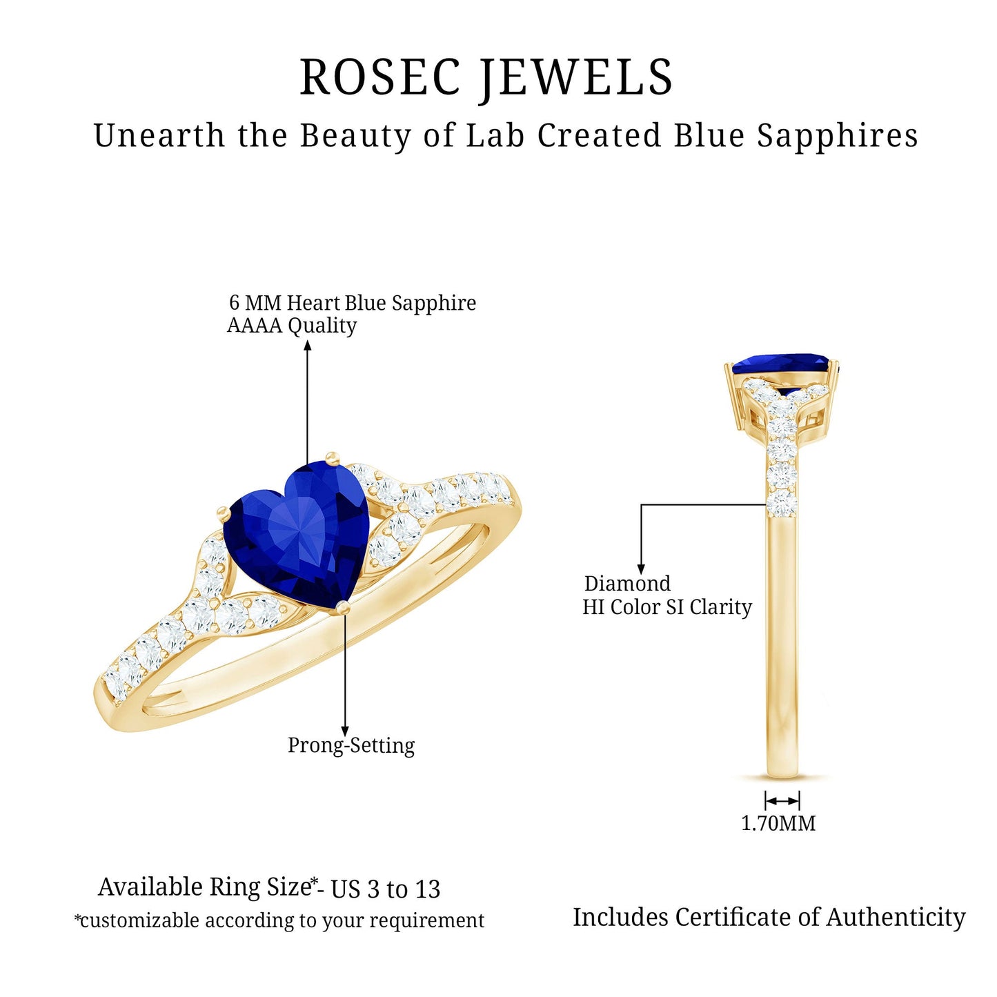 Certified 0.9 Carat Lab Grown Blue Sapphire Heart Engagement Ring with Real Diamond