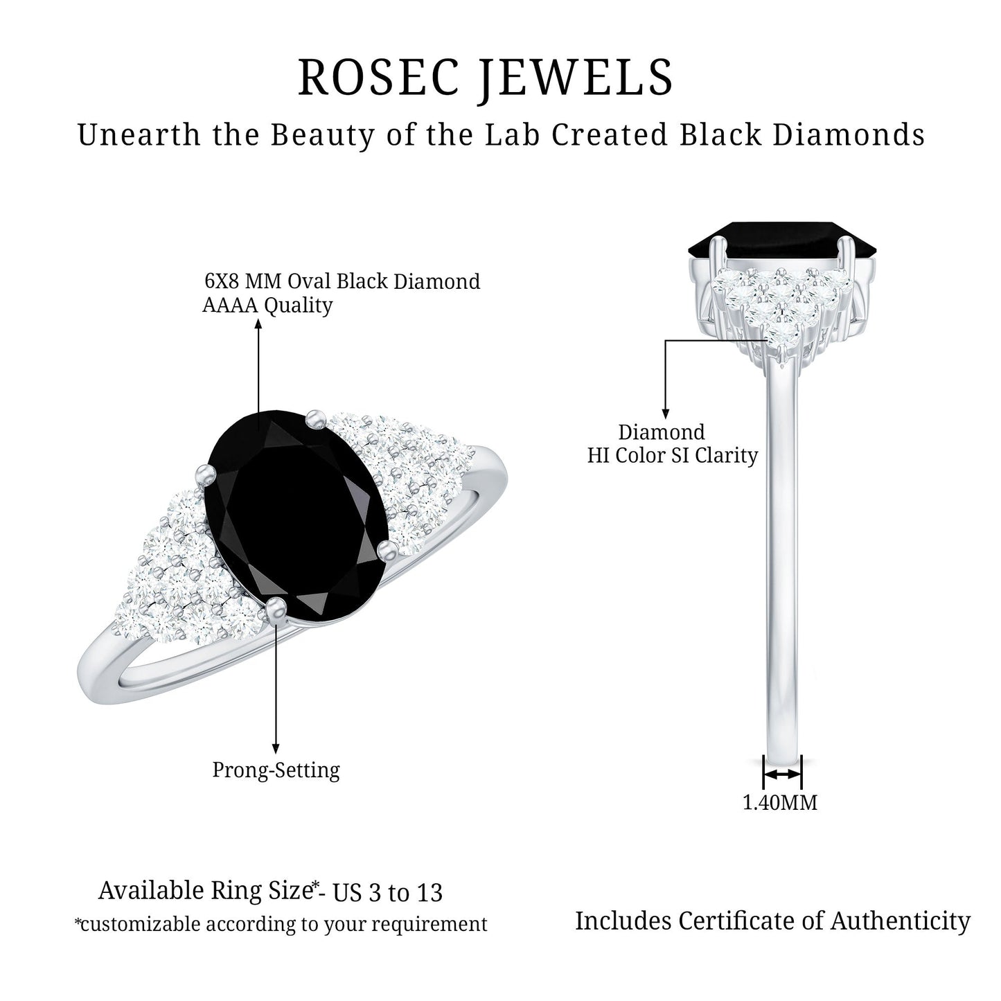 1.9 Carat Lab Grown Black Diamond Oval Engagement Ring with White Diamond
