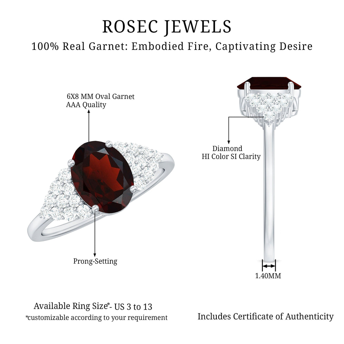 Certified 1.5 Carat Oval Garnet Engagement Ring with Diamond Side Stones