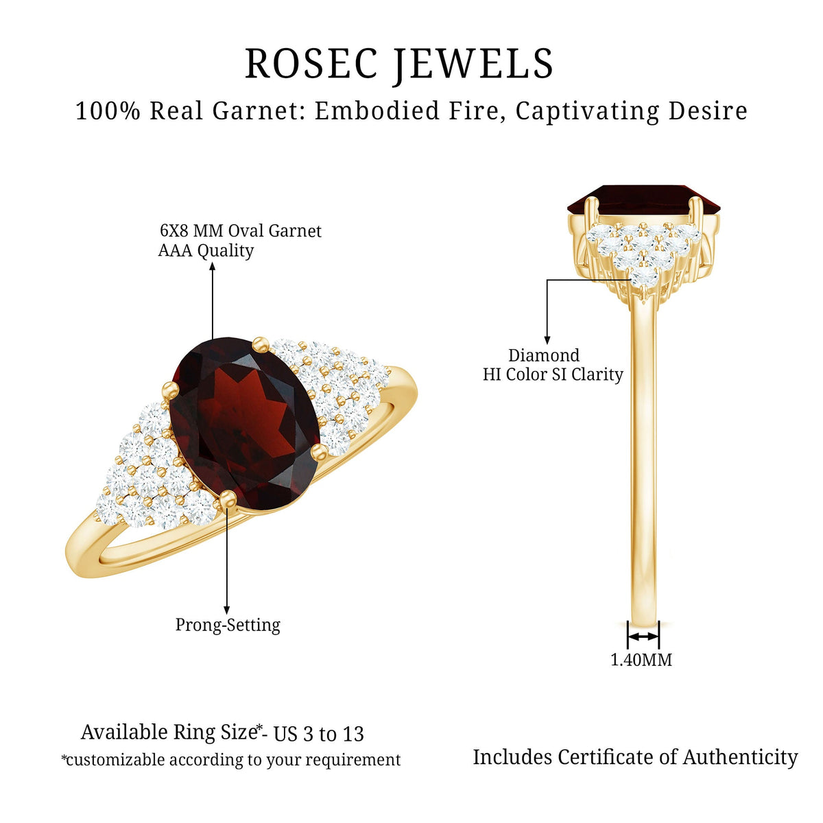 Certified 1.5 Carat Oval Garnet Engagement Ring with Diamond Side Stones