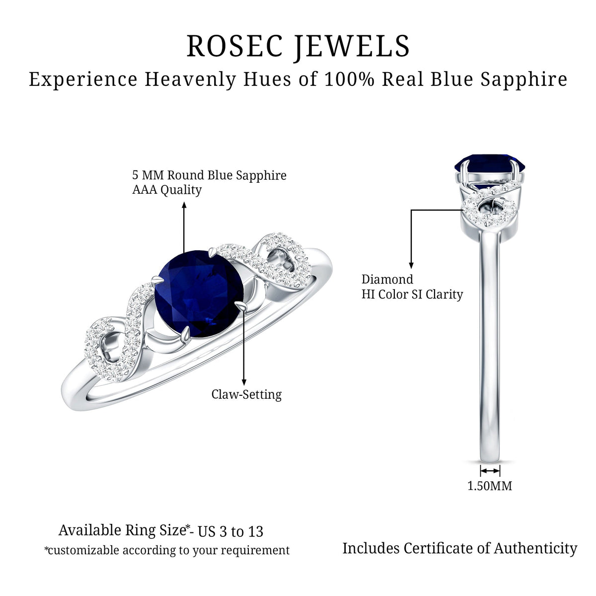 Real 0.9 Carat Blue Sapphire Infinity Promise Ring with Diamond