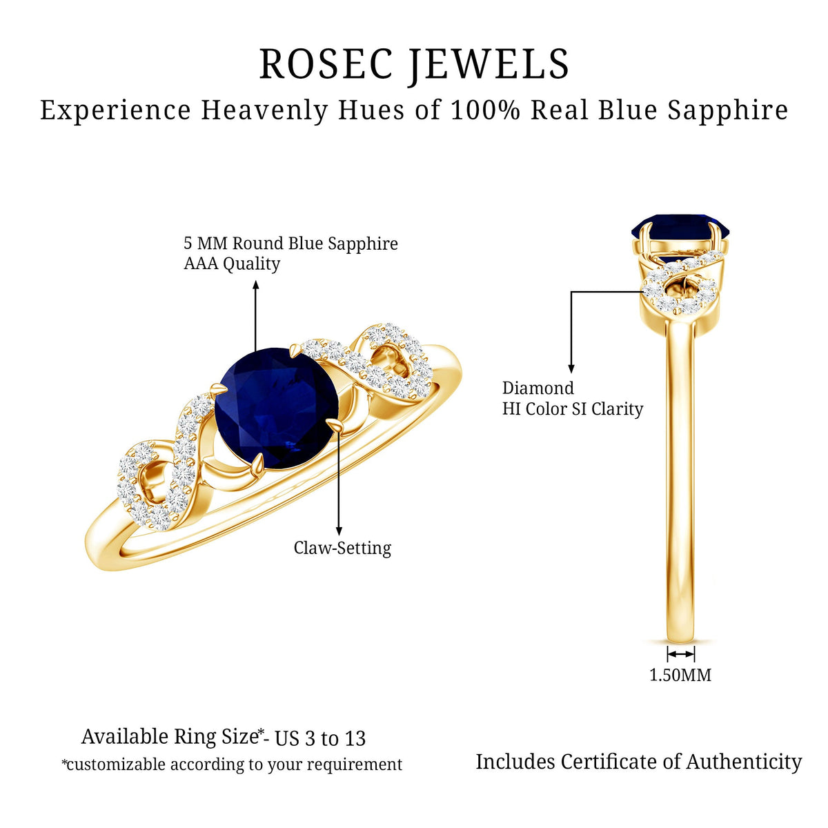 Real 0.9 Carat Blue Sapphire Infinity Promise Ring with Diamond