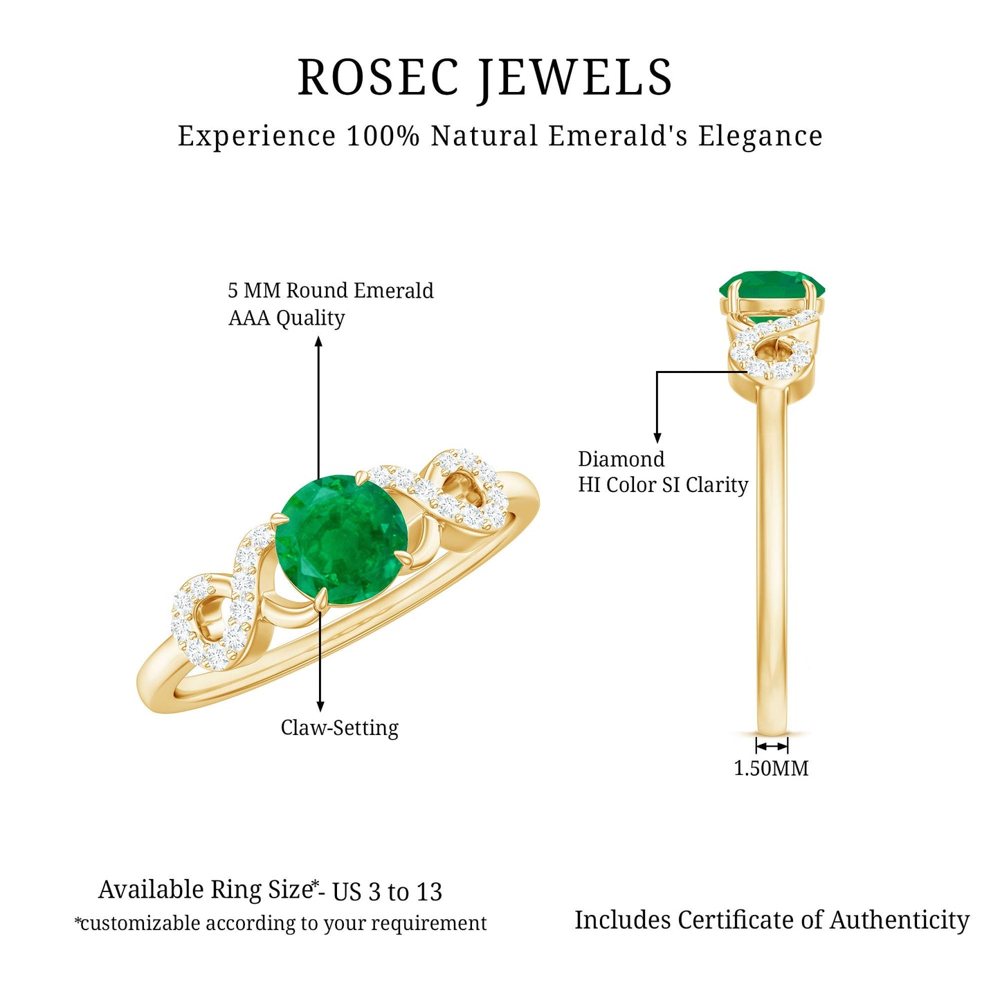 Real Emerald Diamond Promise Engagement Ring with Criss Cross Shank