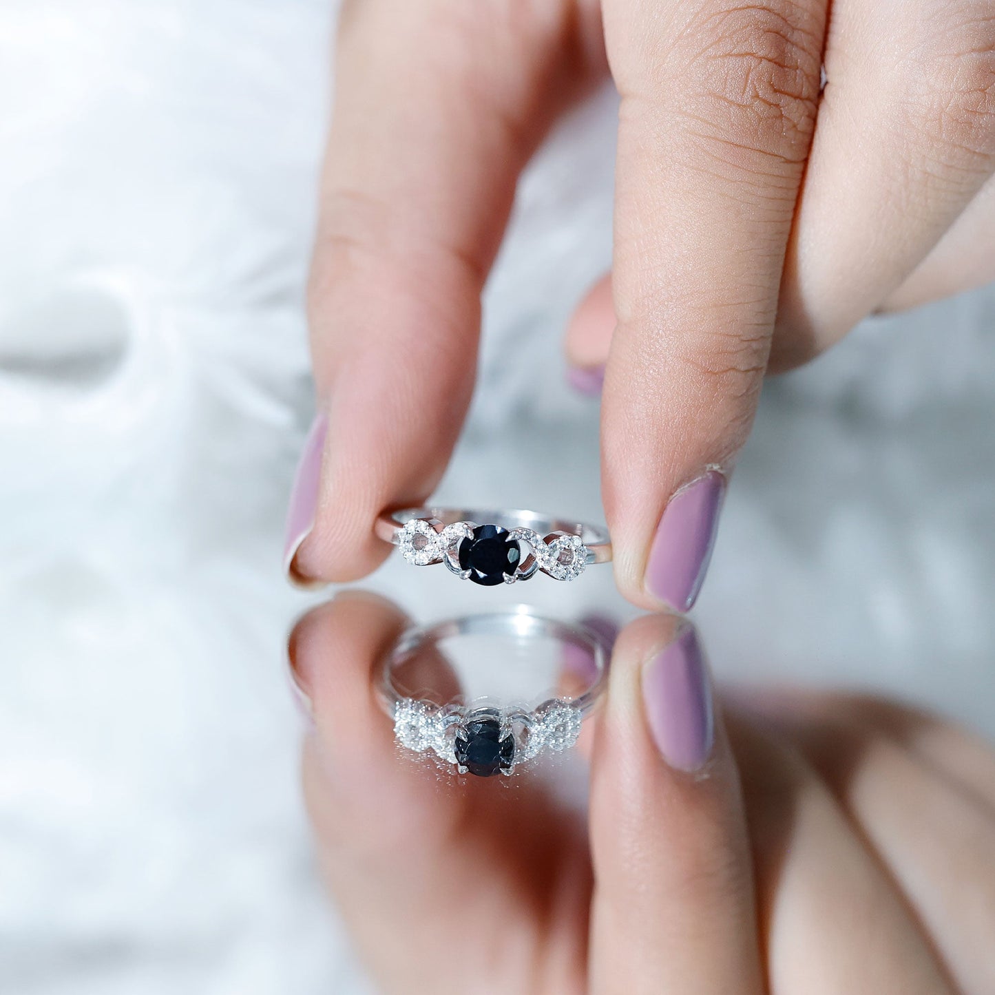 Certified 0.8 Carat Lab Grown Black and White Diamond Engagement Ring with Infinity Knot