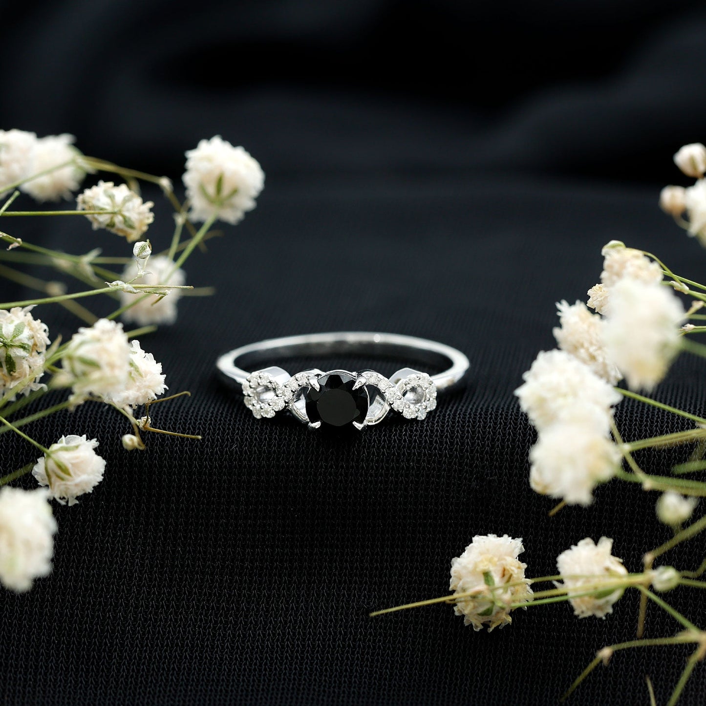 Certified 0.8 Carat Lab Grown Black and White Diamond Engagement Ring with Infinity Knot