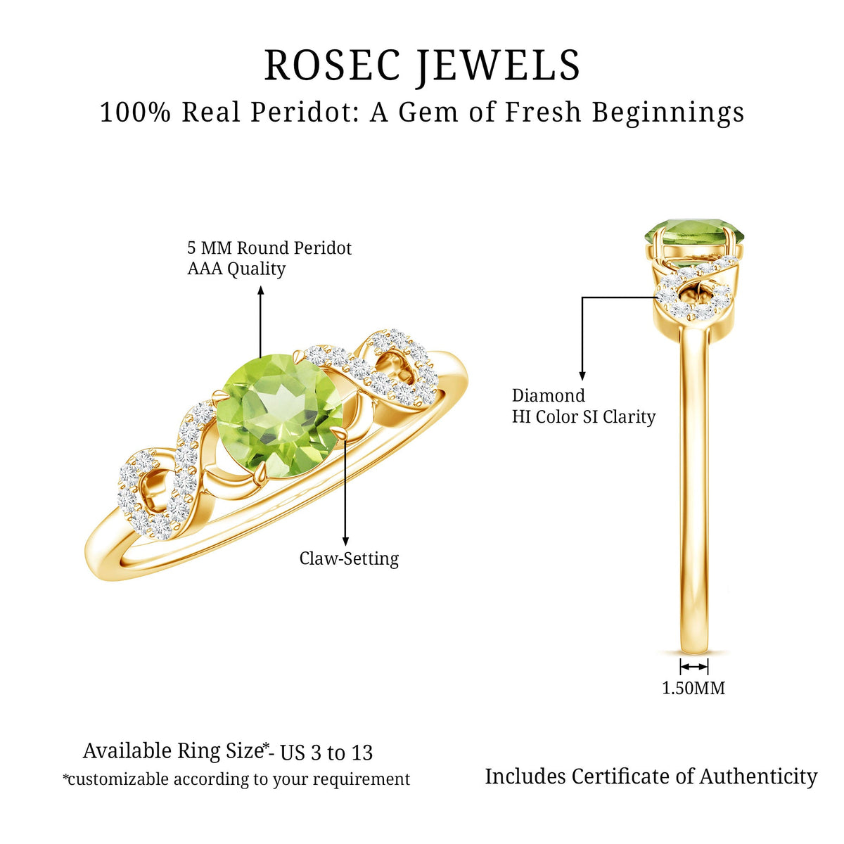 Half Carat Peridot Promise Ring with Diamond Infinity Knot