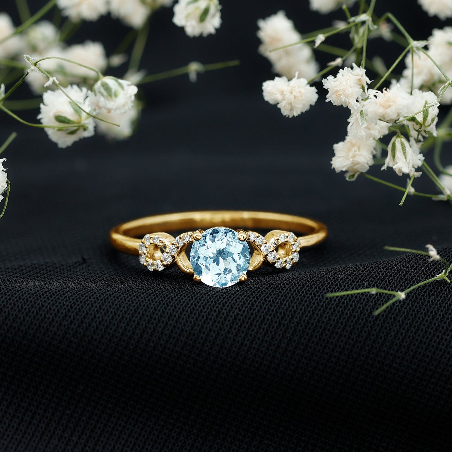 Round Shape Aquamarine and Diamond Infinity Engagement Ring
