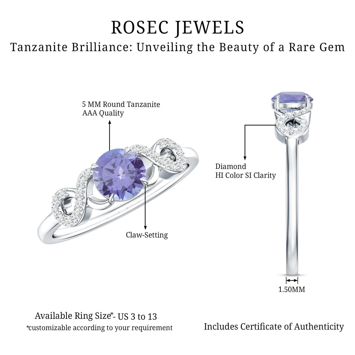 Natural Tanzanite Promise Ring with Diamond Infinity Knot