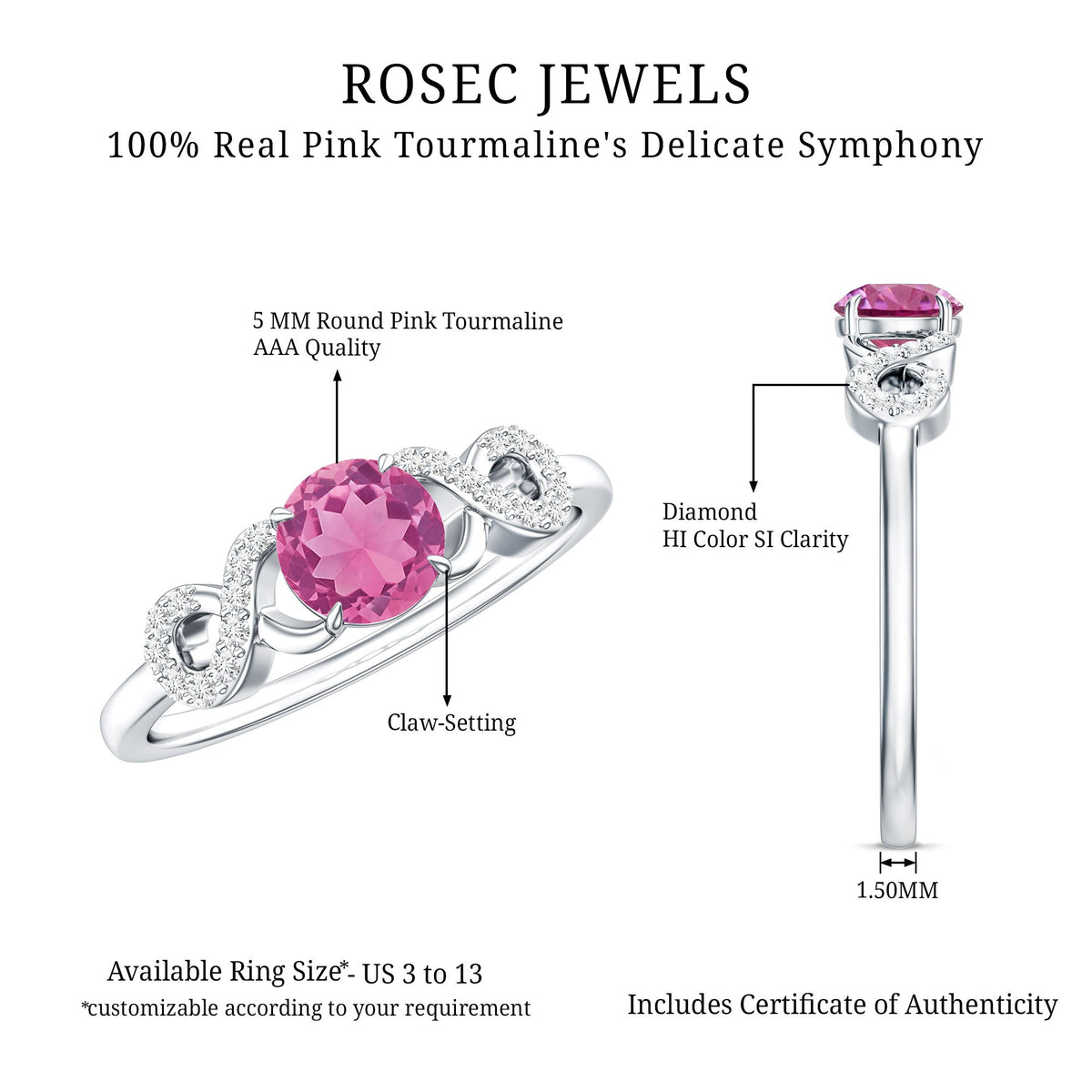 Solitaire Pink Tourmaline Infinity Promise Ring with Diamond