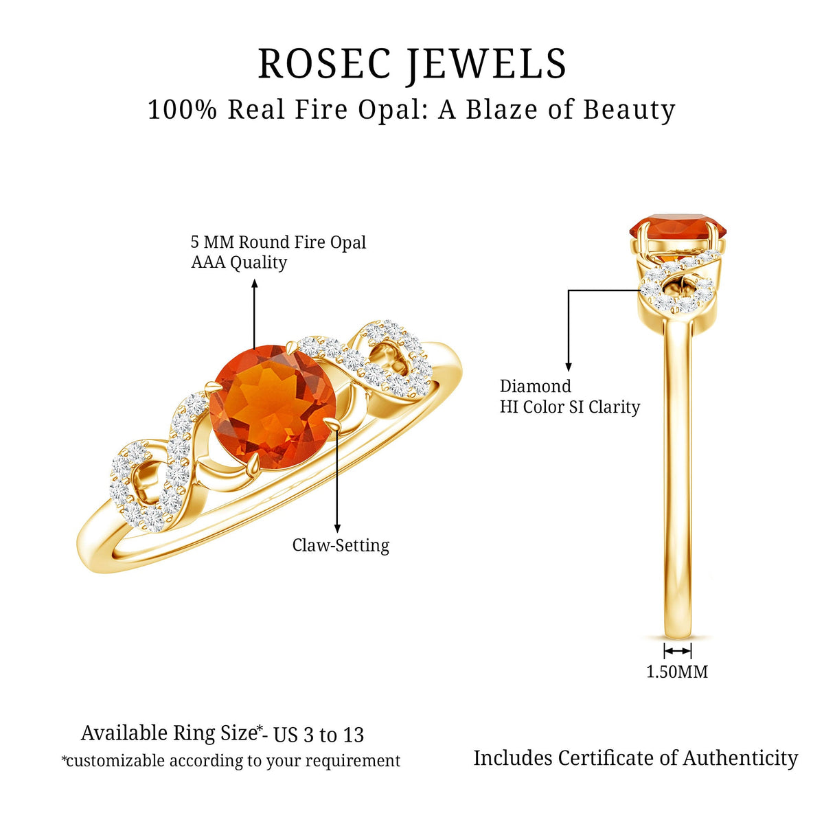 Round Shape Solitaire Fire Opal Infinity Engagement Ring with Diamond