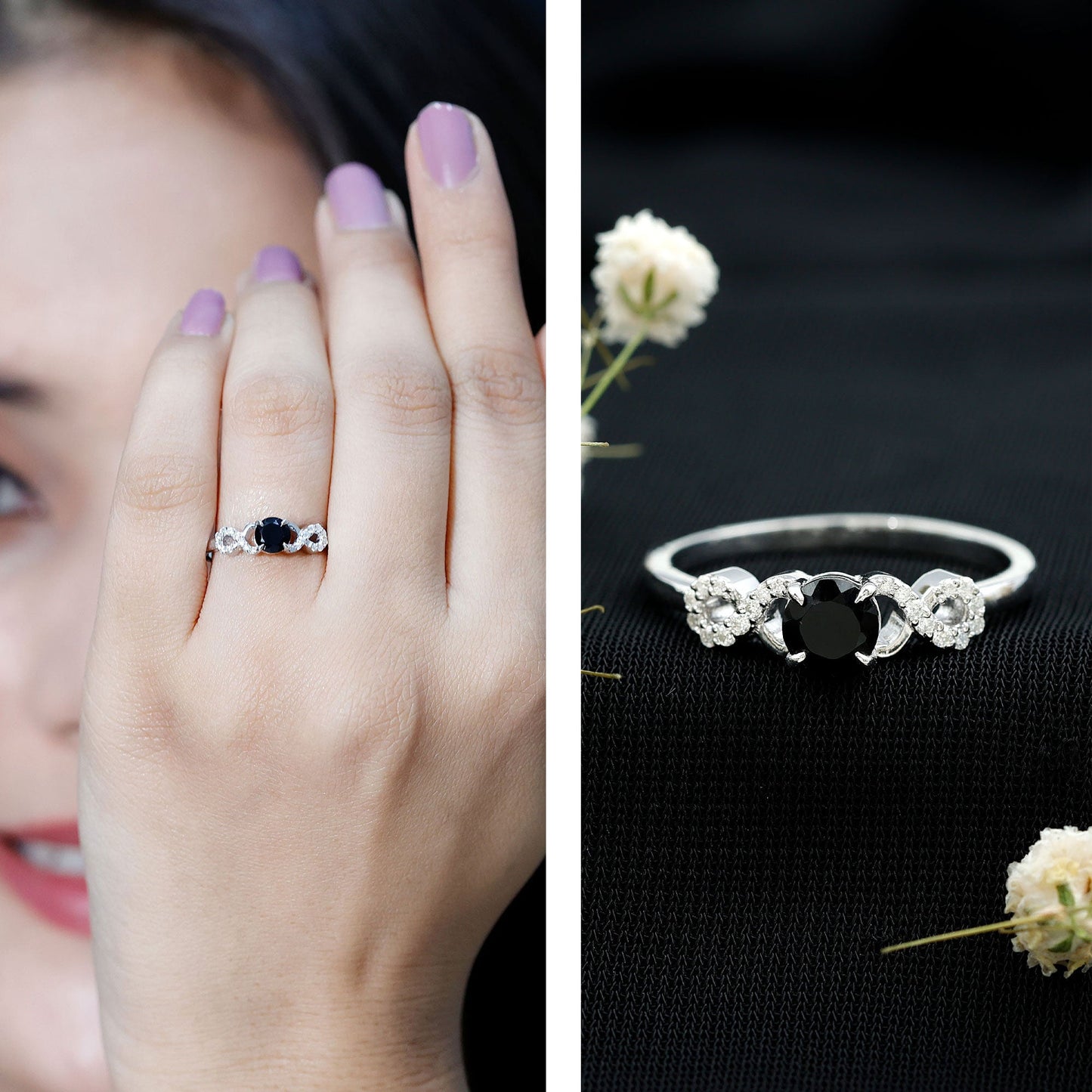 Natural Black Spinel Promise Ring with Diamond Infinity Knot