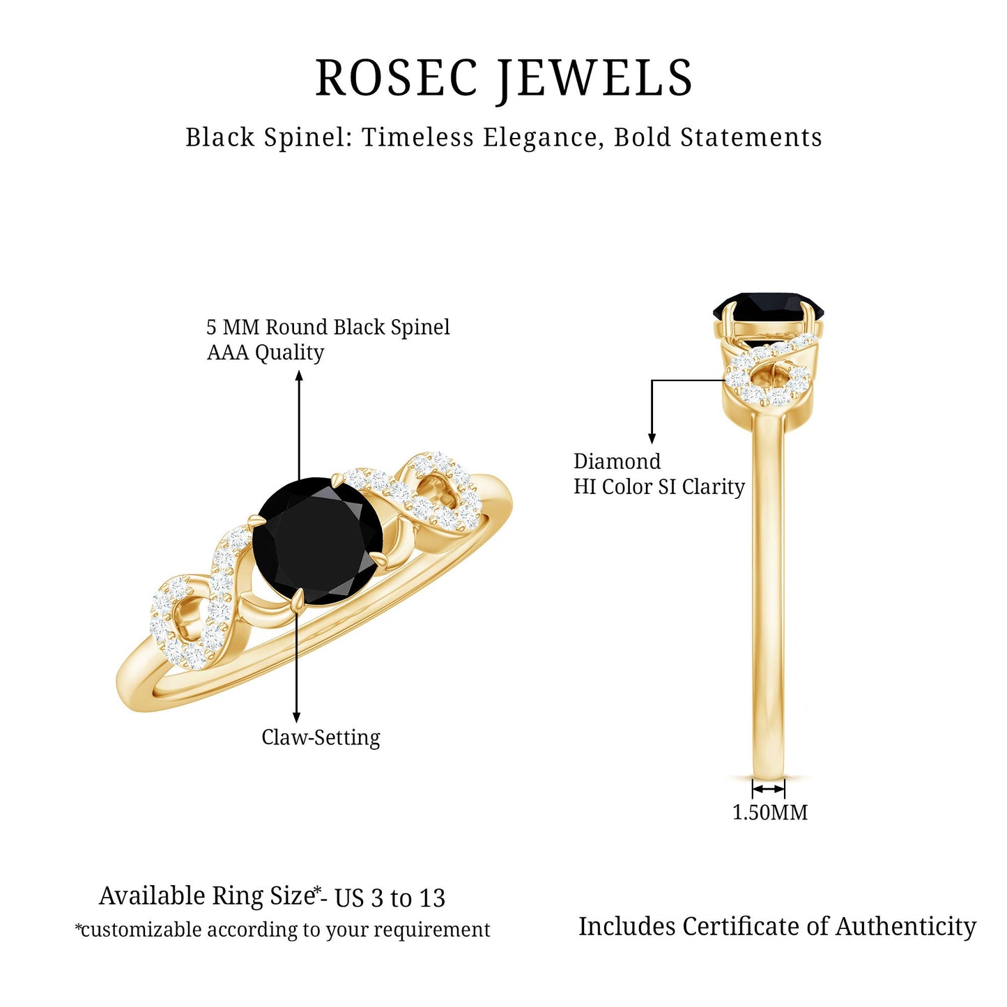 Natural Black Spinel Promise Ring with Diamond Infinity Knot