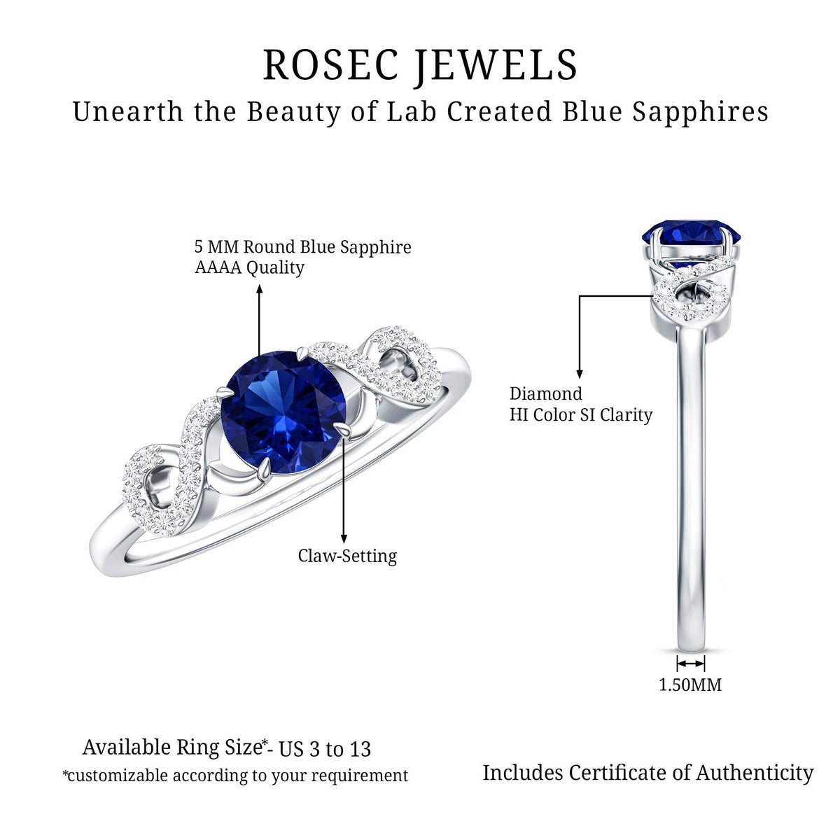 Certified 0.6 Carat Lab Grown Blue Sapphire Engagement Ring with Diamond Infinity Knot