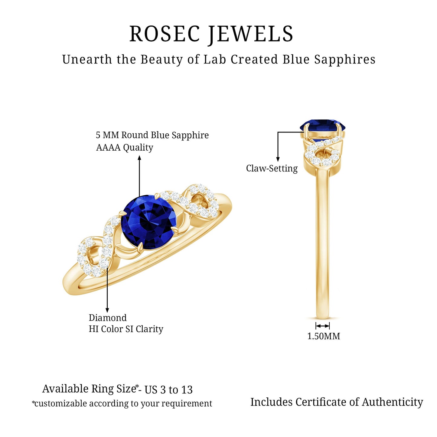 Certified 0.6 Carat Lab Grown Blue Sapphire Engagement Ring with Diamond Infinity Knot