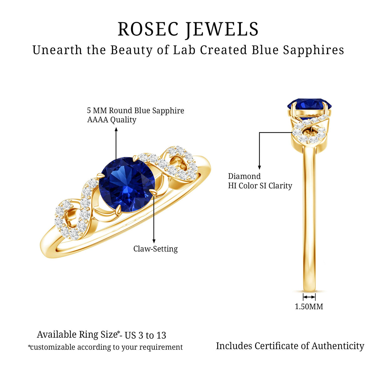 Certified 0.6 Carat Lab Grown Blue Sapphire Engagement Ring with Diamond Infinity Knot