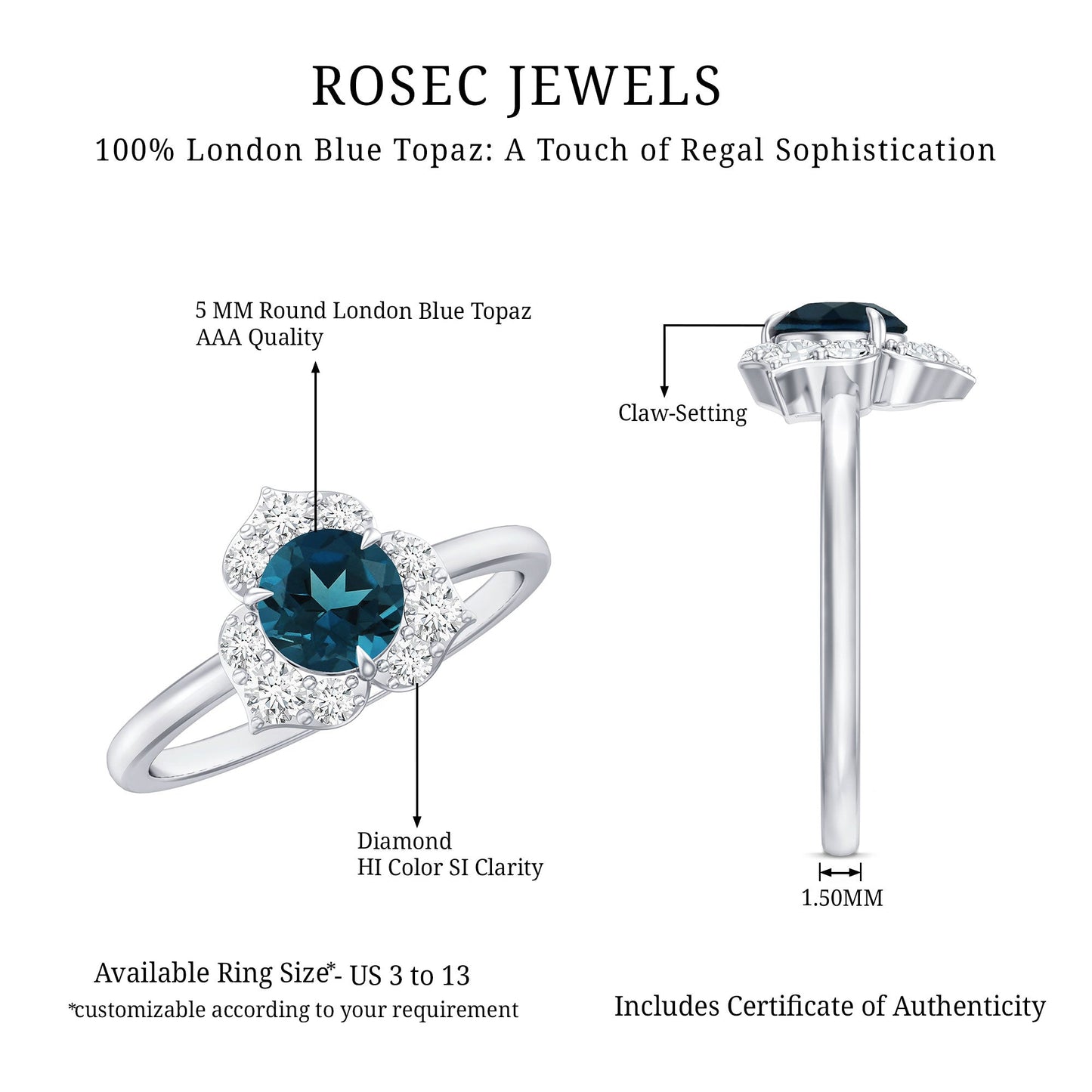 Round London Blue Topaz Floral Engagement Ring with Diamond