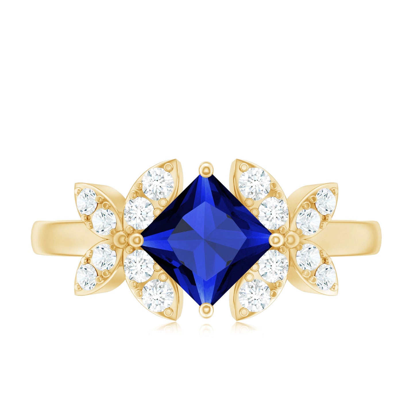 Certified 1.5 Carat Princess Cut Lab Grown Blue Sapphire Engagement Ring with Diamond Flower