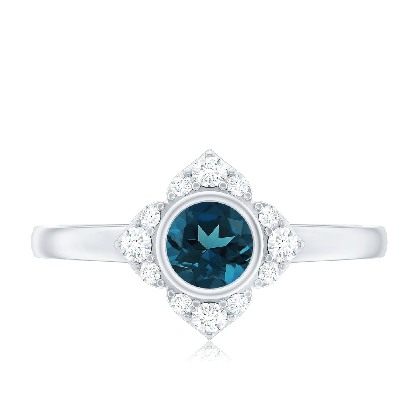 London Blue Topaz Bezel Engagement Ring with Diamond Halo