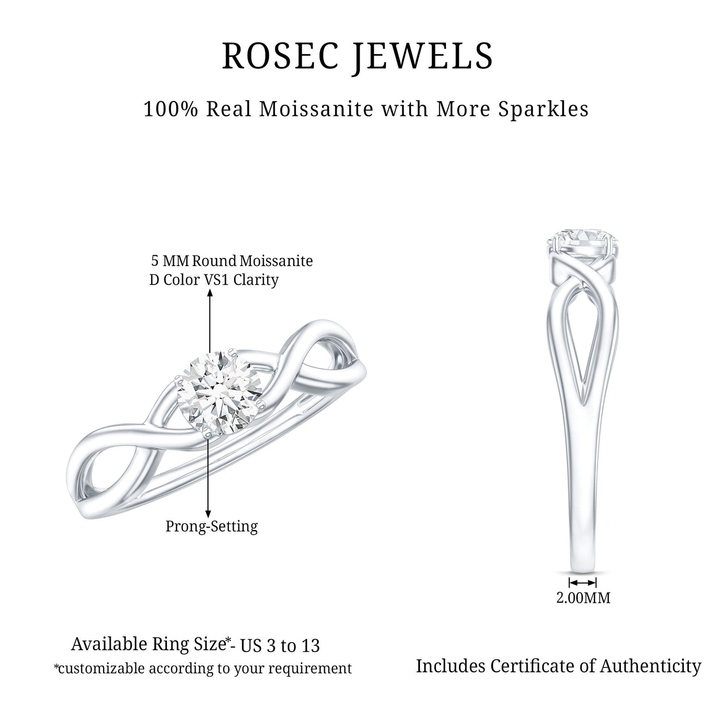 Round Moissanite Solitaire Promise Ring with Infinity Band