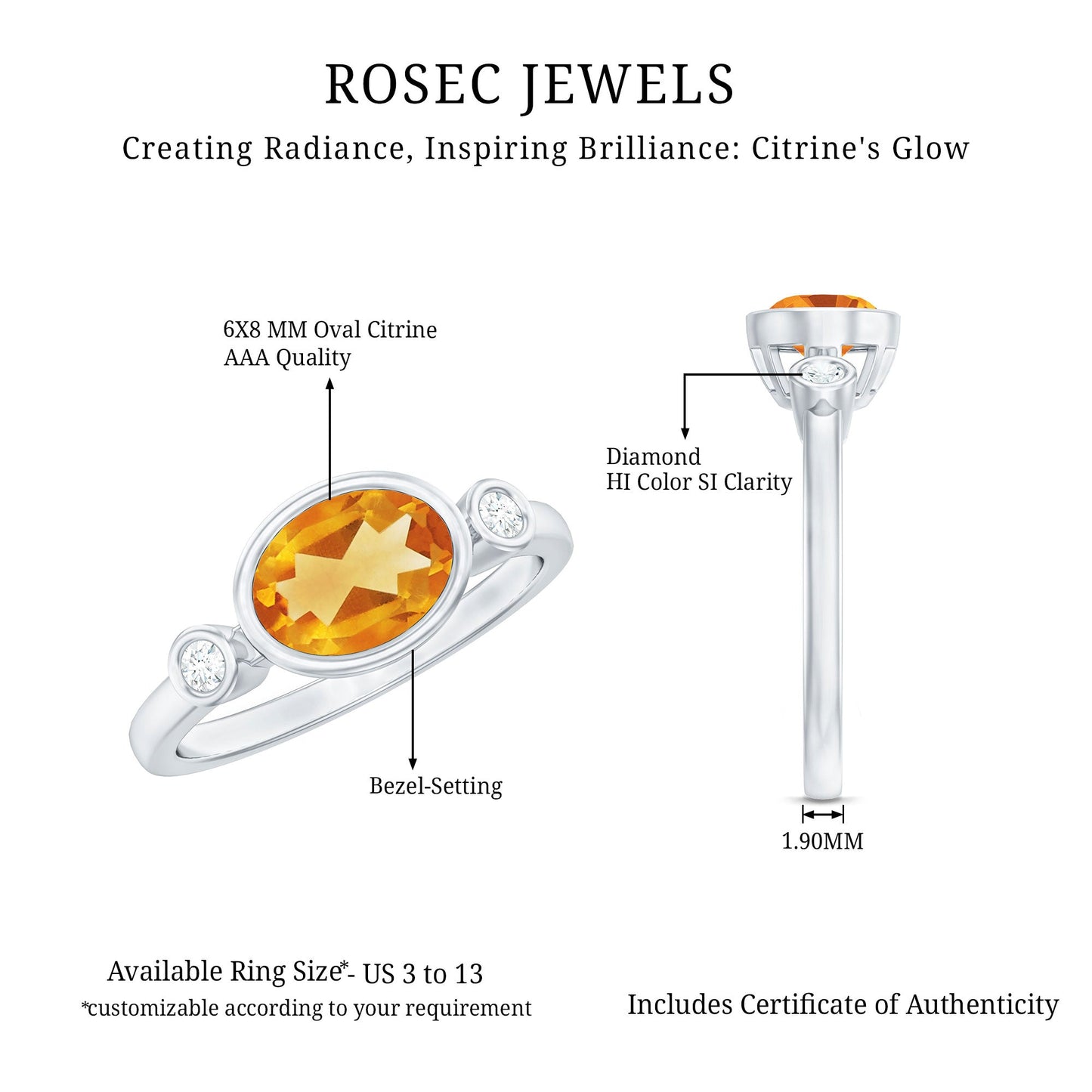 Natural 1 Carat Citrine Diamond Oval Engagement Ring in Bezel Set
