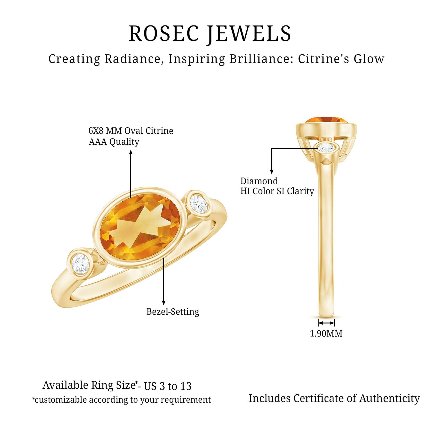 Natural 1 Carat Citrine Diamond Oval Engagement Ring in Bezel Set
