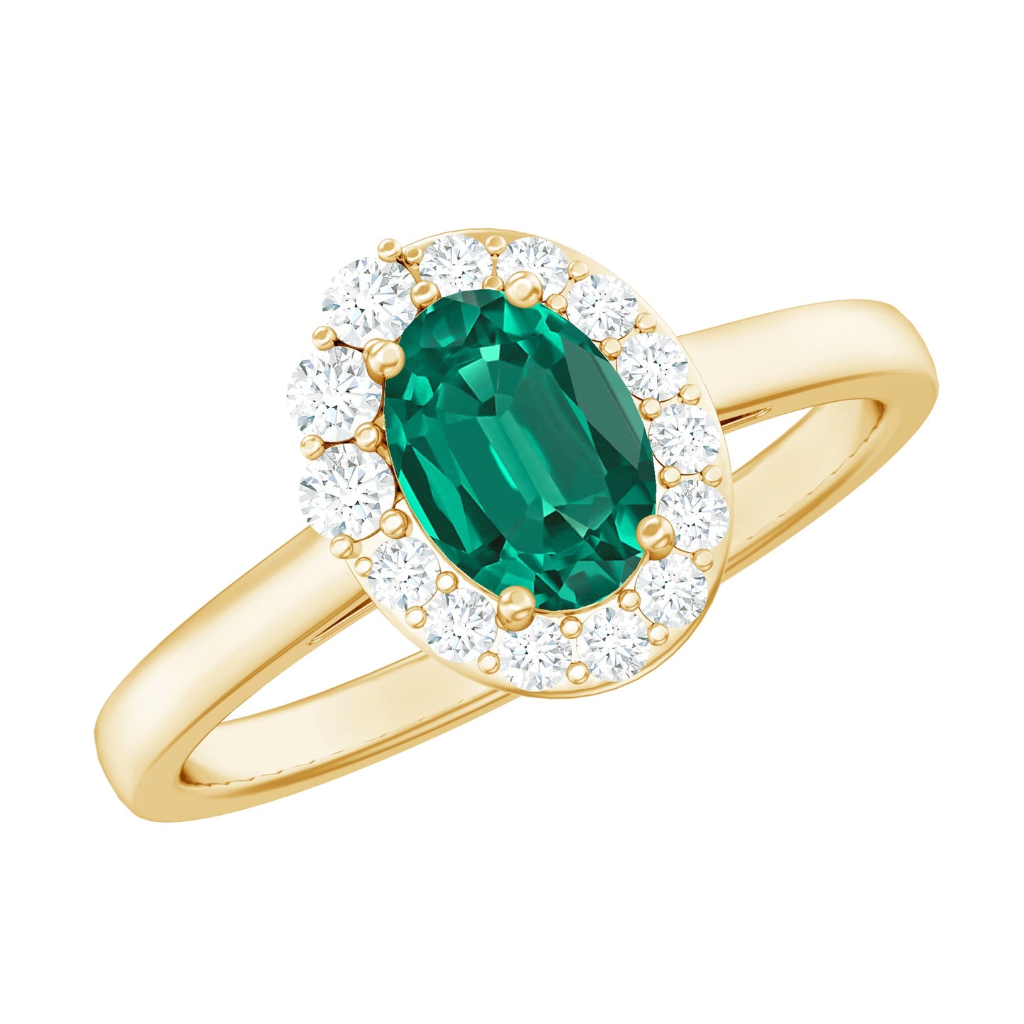 Classic 0.8 Carat Oval Lab Grown Emerald Engagement Ring with Diamond Halo