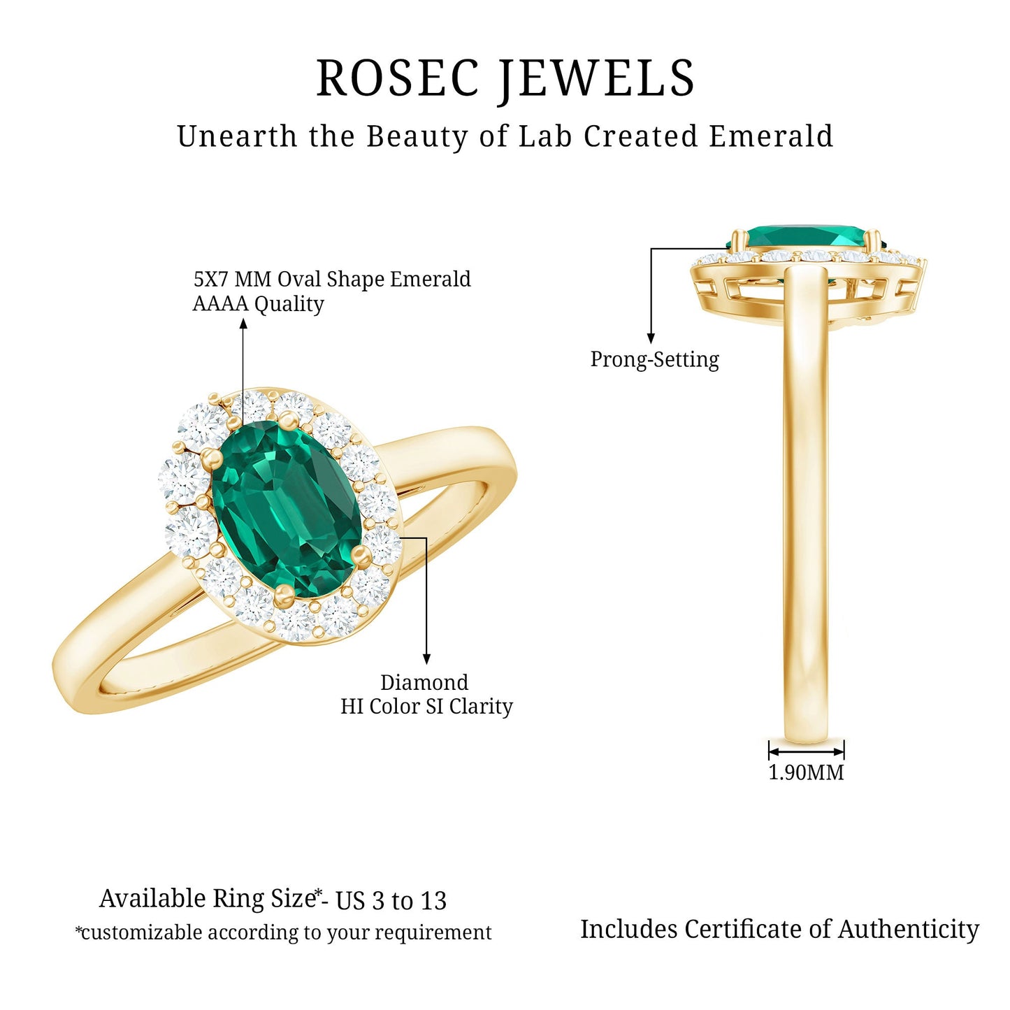 Classic 0.8 Carat Oval Lab Grown Emerald Engagement Ring with Diamond Halo
