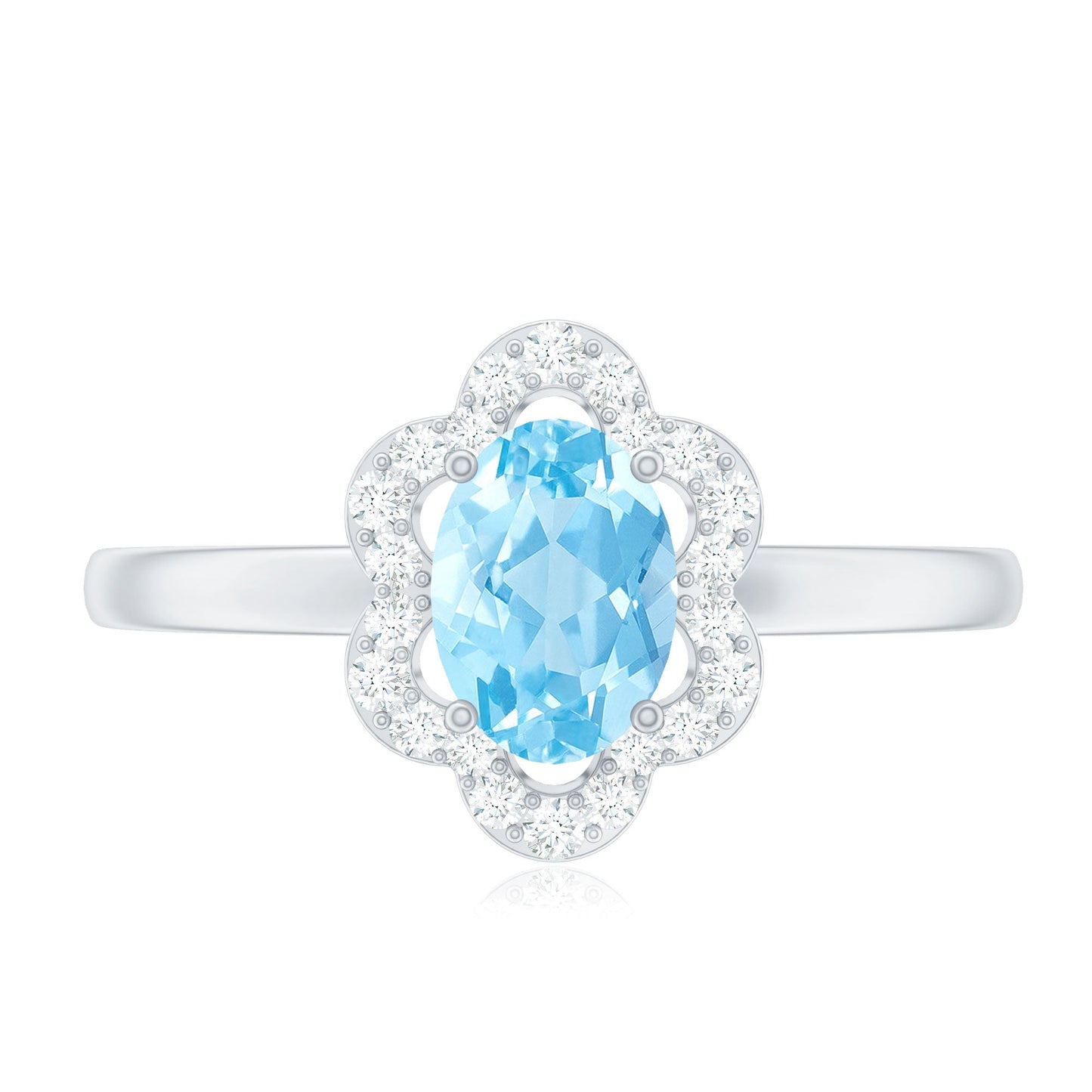 Real 1 Carat Aquamarine Oval Engagement Ring with Diamond Floral Halo