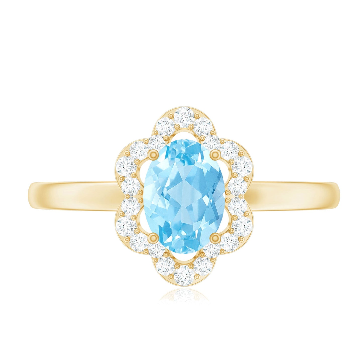 Real 1 Carat Aquamarine Oval Engagement Ring with Diamond Floral Halo