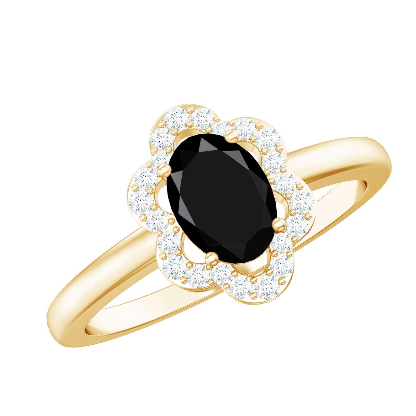 Certified Oval Cut 1 Carat Black Onyx Flower Engagement Ring with Diamond Halo