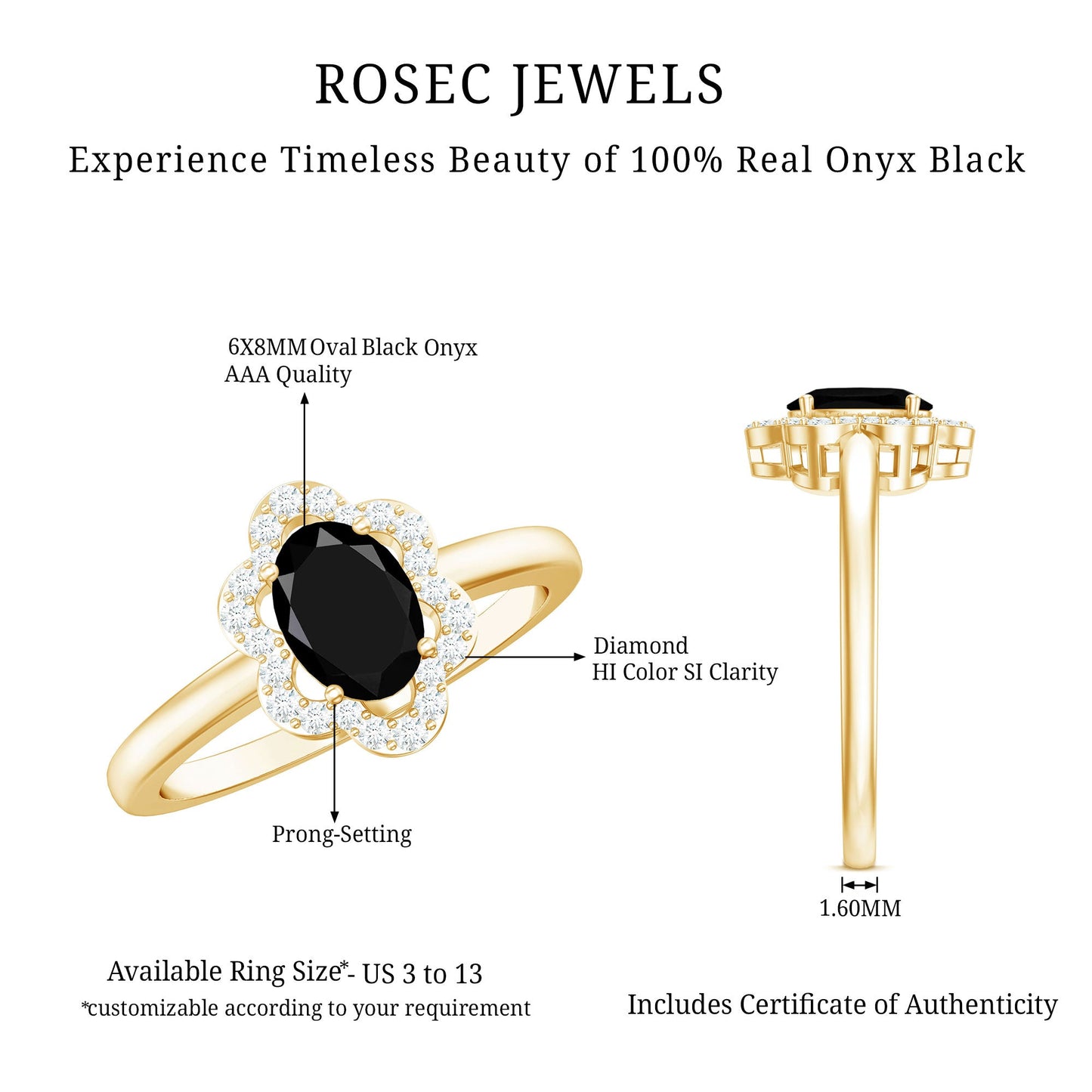 Certified Oval Cut 1 Carat Black Onyx Flower Engagement Ring with Diamond Halo