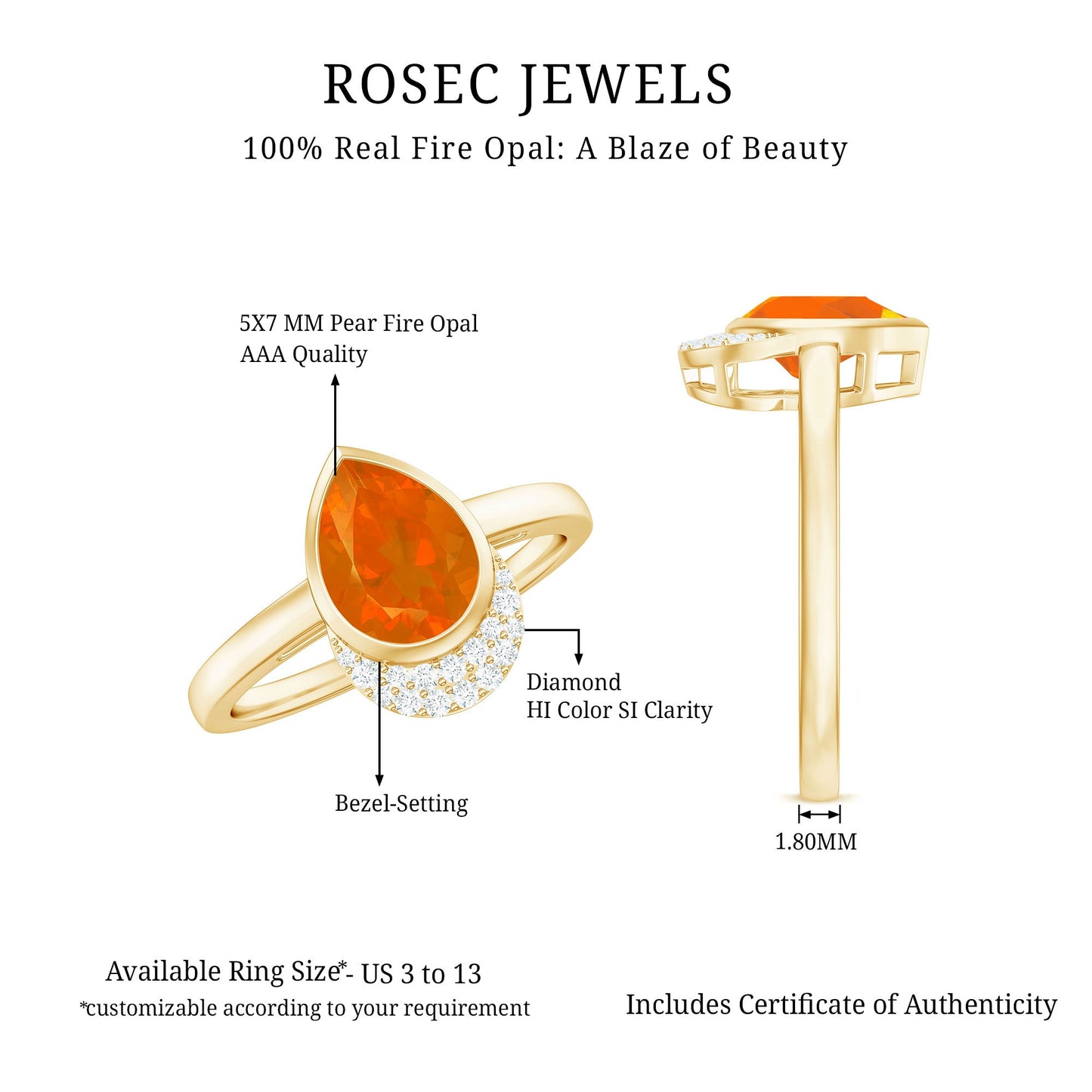 Bezel Set Fire Opal Teardrop Cocktail Engagement Ring with Diamond Accent