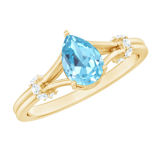 1 Carat Pear Shape Aquamarine and Diamond Solitaire Ring in Split Shank
